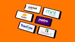 Cricket, Mint, Boost, Metro, Tracfone and Google Fi logos on phone screens