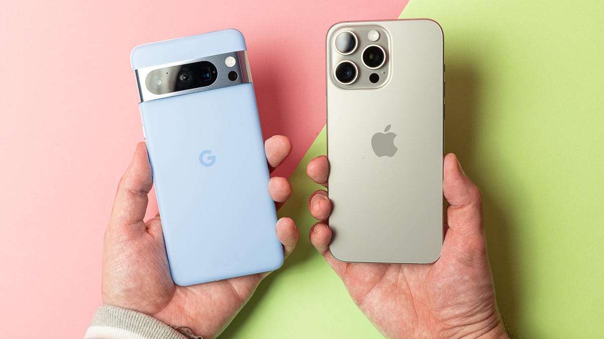 The Pixel 8 Pro (left) and iPhone 15 Pro (right)