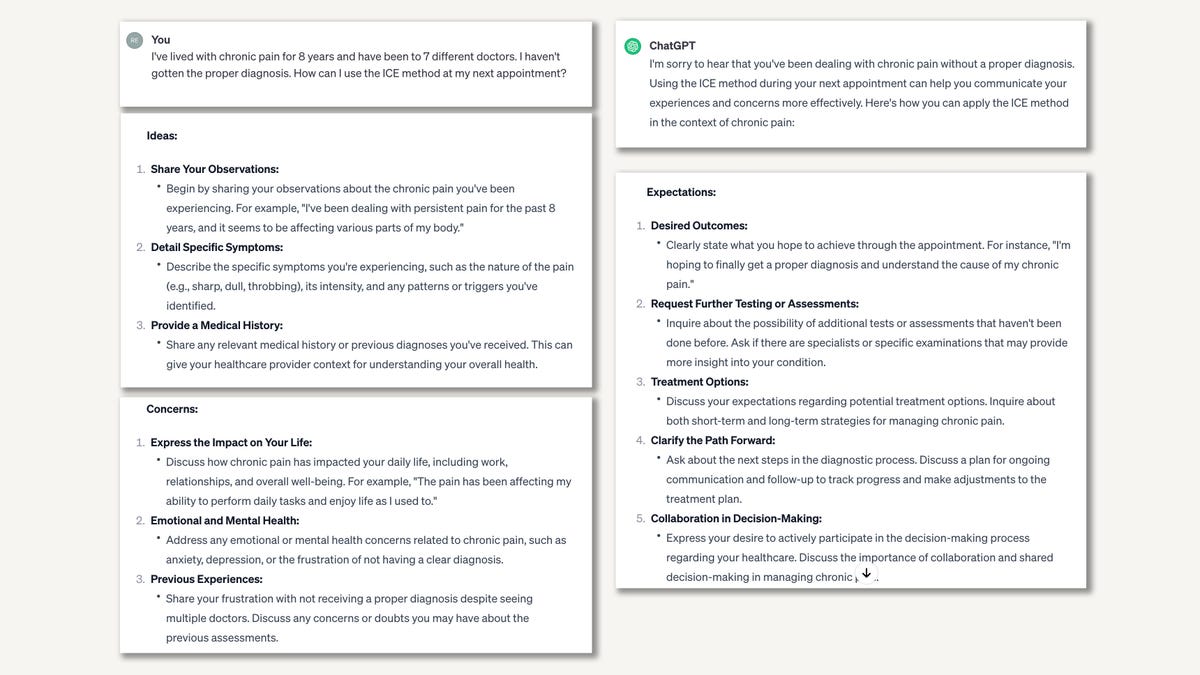 ChatGPT 3.5's advice on discussing your ideas, concerns and expectations -- called the ICE method -- with a doctor, under the premise you're living with a chronic undiagnosed illness.