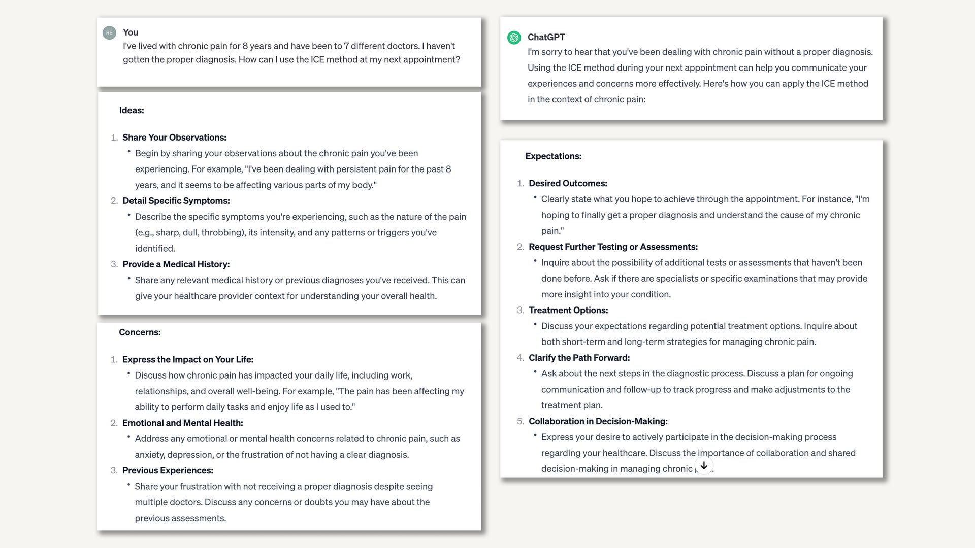 ChatGPT 3.5's advice on discussing your ideas, concerns and expectations -- called the ICE method -- with a doctor, under the premise you're living with a chronic undiagnosed illness.